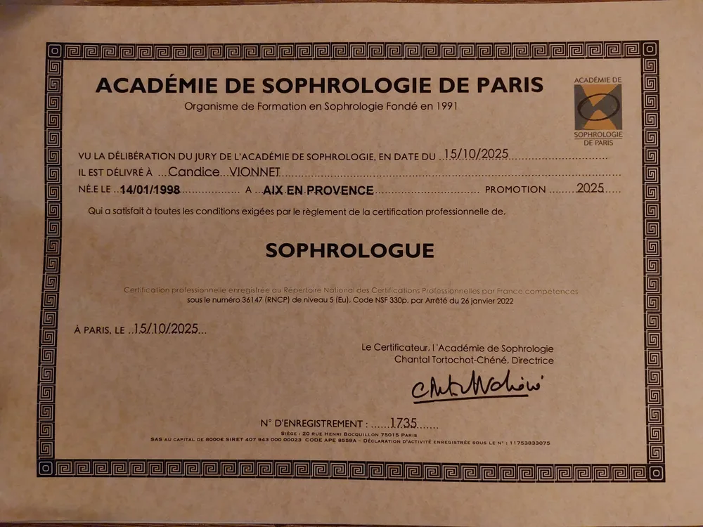 Diplôme de sophrologie de Candice Vionnet
